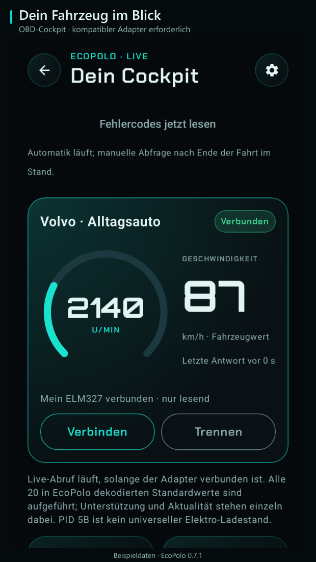OBD-Cockpit mit Live-Messwerten